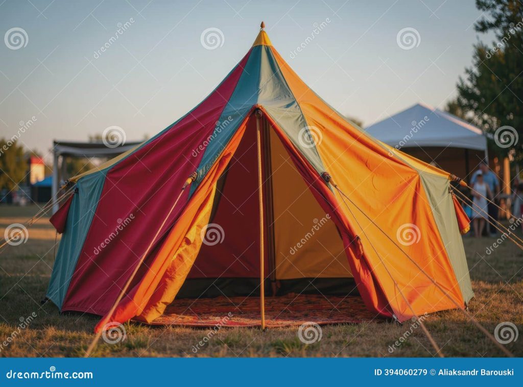 A Camping Tent is Supported by a Rope Stretched